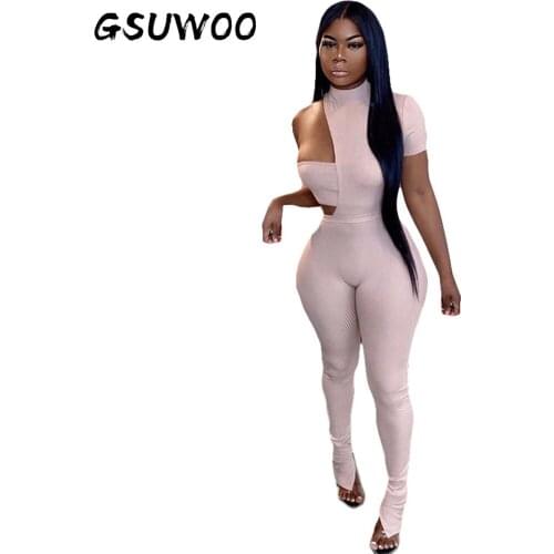 GSUWOO Women Workout Two Piece Set Streetwear Matching Set Solid Strapless One Shoulder Hollow Out Jumpsuit Outfit Sport Rompers