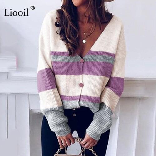 Liooil Knit Striped Patchwork Sweater Cardigan Women 2020 Color Block Long Sleeve Button Up V Neck Ladies Casual Loose Coats
