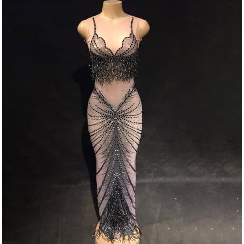 Women Sexy See Through Dress Black Rhinestone Mesh Perspective Sleeveless Wedding Birthday Celebrate Costume Evening Dresses