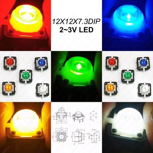 10PCS Push Button Led 3V Tact Switch illuminated 12X12X7.3mm Micro Switch with Light 4PIN DIP PCB mounting