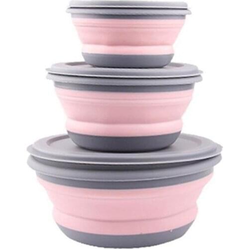 3pcs Silicone Foldable Bowl Portable Tableware Bowls Outdoor Deformable Lunch Box Kitchen Gadgets with Lid