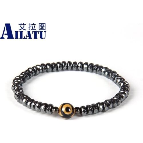 Ailatu Fashion Religious Jewelry Wholesale 10pcs/lot Faceted Flat Hematite Stone Beads with Natural Dzi Eye Lucky Bracelet