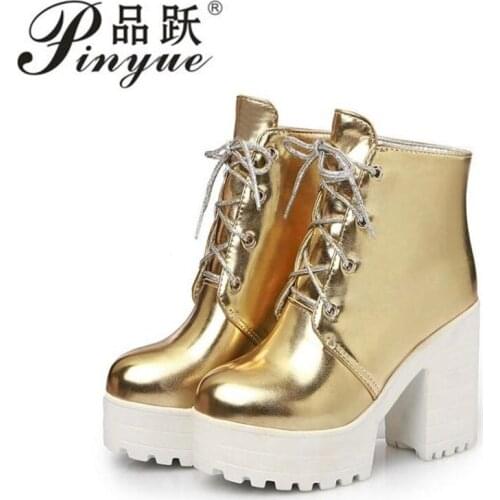 Size 34-43 Women Platform Ankle Boots Square High Heel Martin Boots Lace Up Zipper Boots Autumn Winter Ladies Shoes Gold silver