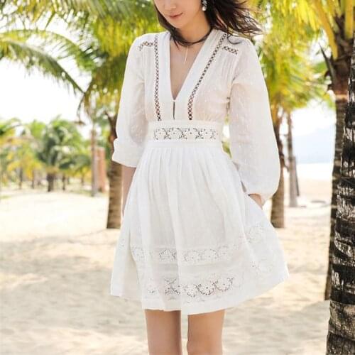 GypsyLady White Embroidery Mini Dress Autumn Lace Dobby Vintage Women Dresses Long Lantern Sleeve Hollow Out Sexy Ladies Dress