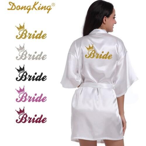 DongKing Bride Crown Robe Golden Glitter Print Kimono Robes Wedding Gift Faux Silk Bachelorette Bride Robes Love Dress 5 Colors