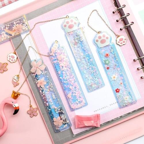 Creative Cartoon Bookmark Drawing Ruler Cute Girl Cherry Flower Quicksand Plastic Ruler Measuring Straight Ruler Gift Stationery