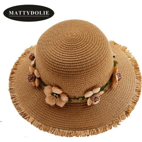 MATTYDOLIE Summer straw hat wide side dome sun hat raw edge garland woman hat foldable beach hat