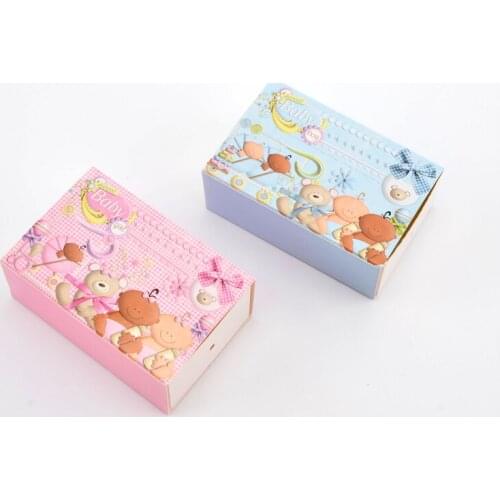 Cartoon Kids and Bear Drawer Type Candy With Ribbon Box Girl and Boy Baptism Birthday Party Favor Shower Decoration Gift Box
