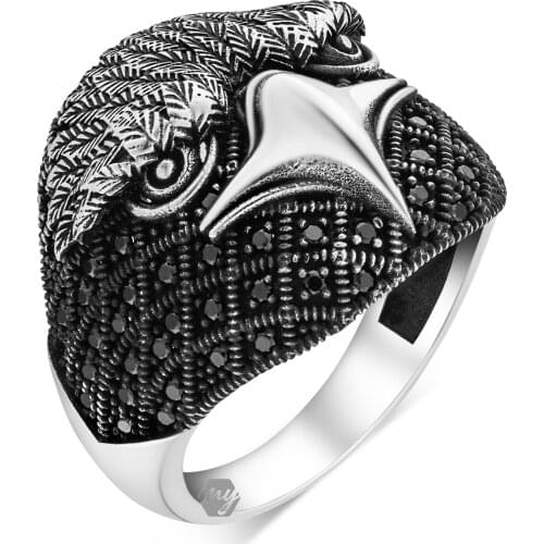 Solid 925 Sterling Silver Black Micro Stone Eagle Mens Ring