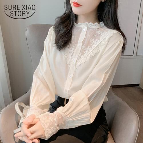 2021 New Lace Chiffon Blouses and Shirts Women Loose Lantern Long Sleeve Solid Autumn Hollow Out Mesh Button Cardigan Tops 10900
