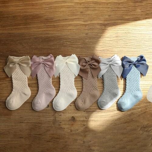 New Girls Knee High Socks Bows Cotton Breathable Children Long Socks Hollow Out Soft Newborn Infant Floor Socks 0-5Years