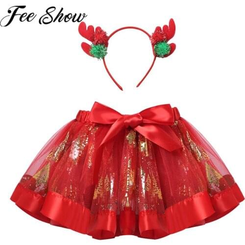 Christmas Skirt Kids Girls Clothes Princess Mesh Tutu Skirt Girl Red Tulle Birthday Party Mini Skirts With Antlers Hair Hoop Set