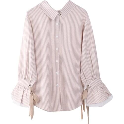 PERHAPS U Office Lady Striped Turn Dwon Collar Single-breasted Flare Long Sleeve Lace-up Back Bow Pink Apricot Shirt B0655