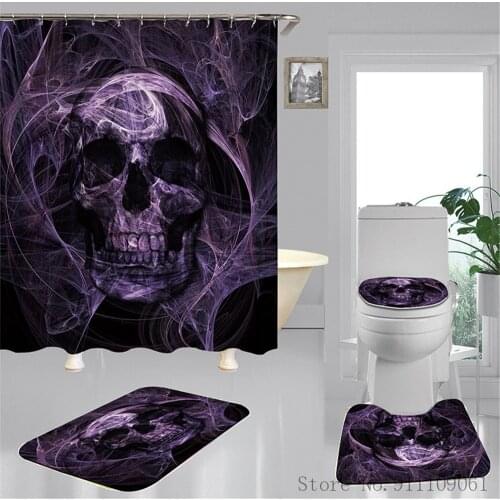 Personality Horror Skull 3D Print Waterproof Mould Proof Shower Curtain Bathroom Decoration Non-slip Bath Mat Toilet Seat Set