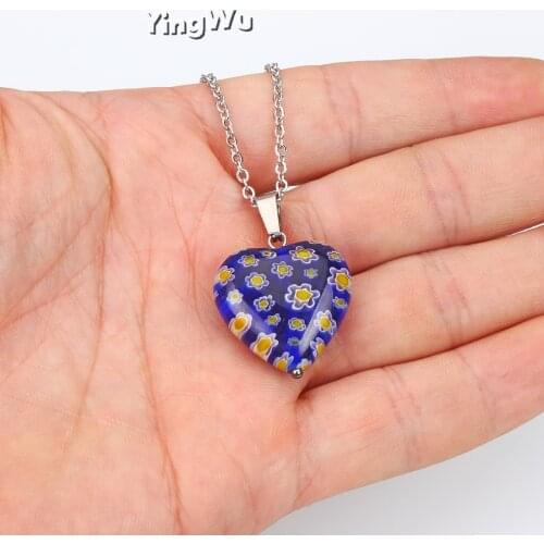 Yingwu 1PCS/Lot Millefiori Glass Flower Murano Beads Necklace Stainless Steel Chain 21*10mm