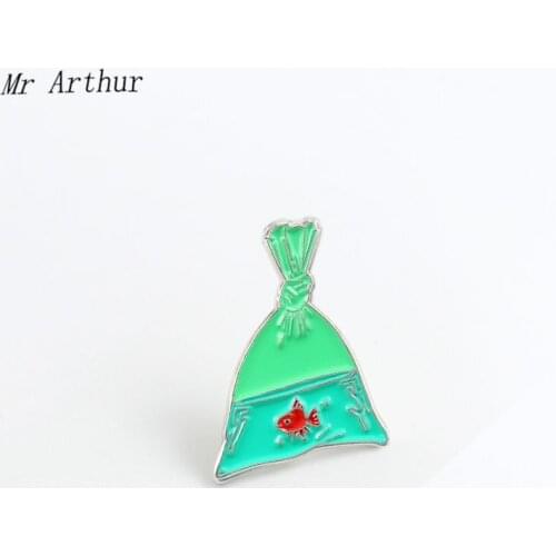 Green Wate Plastic Bag Enamel Pin Cartoon Goldfish Badge Brooch Backpack Clothes Lapel Animal Jewelry Gift for Friends