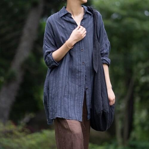Women Loose Linen Striped Blouse Tops Shirt Ladies Single Breasted Blouses Female 2020 Autumn Flax Blouse
