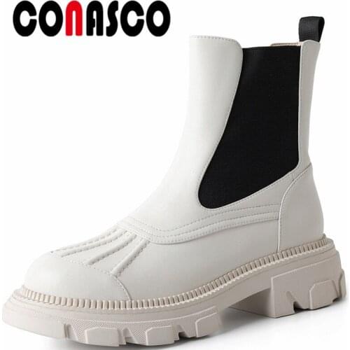 CONASCO Punk Women Ankle Boots Autumn Winter Warm Cow Leather Party Prom Office Lady Boots Fashion Concise Brand Shoes Woman