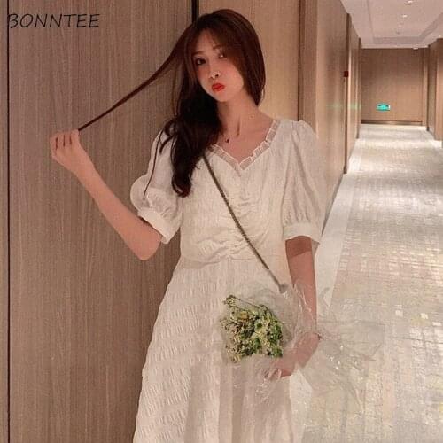Dresses Women Folds V-neck Solid Lace Sweet Girls Elegant Ladies Tender Classy Fashion Ulzzang Chic Stylish A-line Puff Sleeve