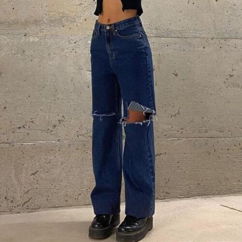 B-TOTO American Retro Dark Blue Super Fire Ripped Jeans Female Tide Ins High Waist Loose 2021 New Fashion