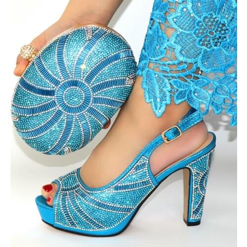 Elegant sky blue women pumps match handbag with big crystal decoration african dress shoes and bag set CR177,heel 12CM