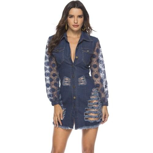 Lace Stitching Long Sleeve Hole Ripped Jeans Dress Tight Skinny Denim Sexy Dresses Women Sheath Casual Robes T19168