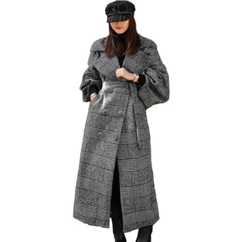 2019 New Autumn Winter Plaid Wool Coat Women X-long Lantern sleeve Large size Woolen jacket Female Thicken Loose Outerwear A2903