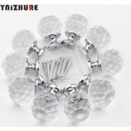 10Pcs 30mm Crystal Ball+Zinc Alloy Furniture cupboard wardrobe Cabinet Drawer Dresser Door Pulls Knobs Handles with screw