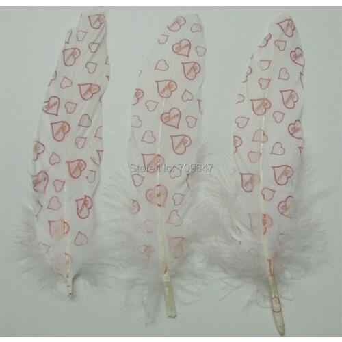 100pcs/lot 10-18cm Printed-Goose Satinettes Feathers-White/Pink-Heart Print- Perfect for Earrings,Bridal Table Decor&Millinery