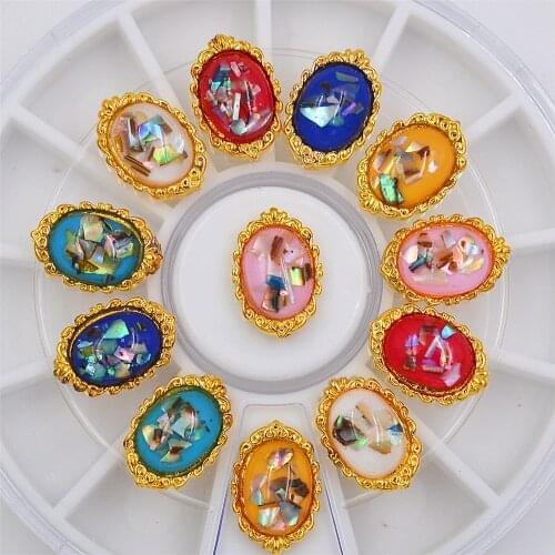 12 pcs metal oval Golden edge Glitter shell rhinestones 3D Nail Decoration Manicure Wheel nails jewelry accessoires tools