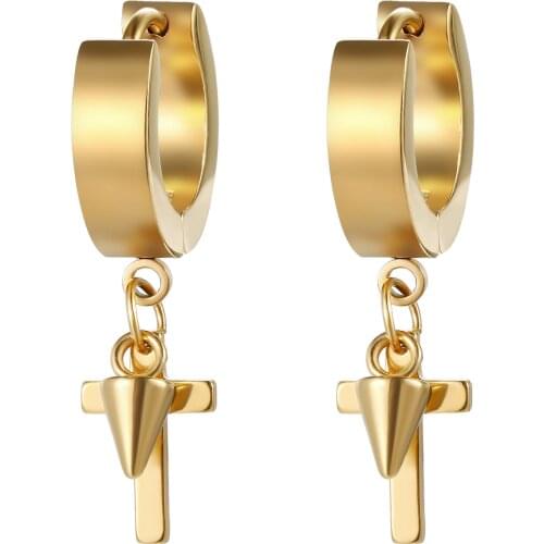 BONISKISS Rock Punk Hiphop Cross Rivet Spike Stainless Steel Pendant Hoop Earrings Gold Color Ear Jewelry Gift Dropshipping