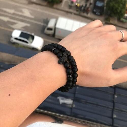 Black stone Beads Steel Skull Bracelet Men Bracelets For Women Pulseras Moda Masculina Hombre Man Mens Jewellery Armband