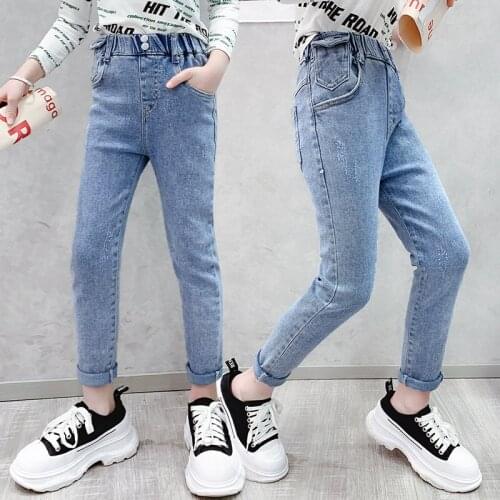 2021 New Autumn Girls Pencil Soft Elastic Denim Fabric Jeans Kids Blue Color High Waist Full Length Pants For Teenage Girl 5-14Y
