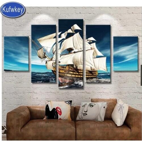 2021 Daimond painting 5pcs full square/round drill mosaic"sailboat"Pattern paintings diamond art stitch Living room decoration