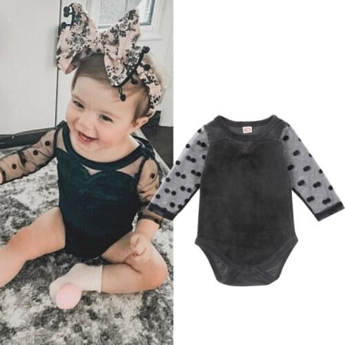 Fashion Infant Baby Girls Clothes Long Mesh Dot Sleeve Velvet Bow Romper Overall Autumn Outfits 0-18M