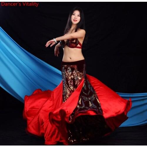New belly dance performance costume group costume competition Sequin Velvet Deep Bra Top Long Skirt 2pecies Oriental Dance Suit