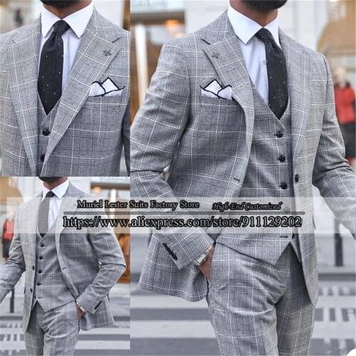 Grey Pliad Men Suits Business Blazers Custom Made 3 Peices Peaked Lapel Jacket+Vest+Pants Slim Fit Prom Dinner Terno Masculino