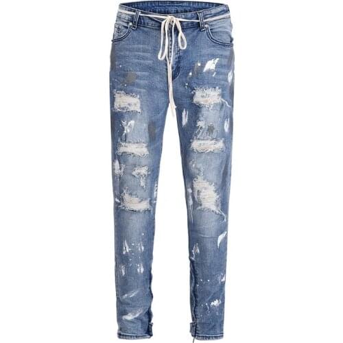 2018 TOP designer clothes Bottom Side zipper Splash-ink ripped men jeans hiphop moto biker Fashion Casual Drawstring Hole jeans