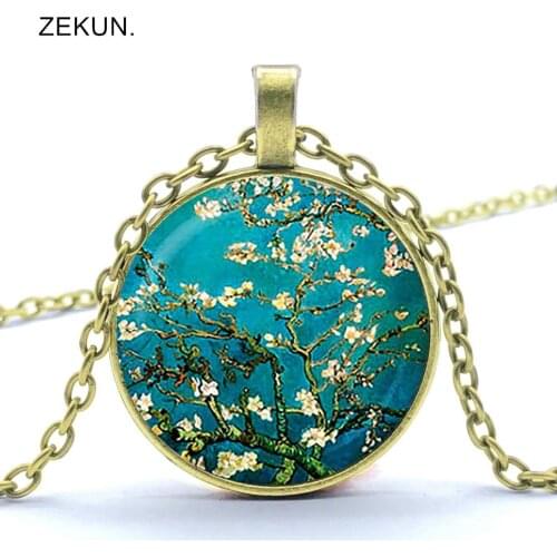 New Van Gogh Almond Branch Floral Pendant Van Gogh Necklace Retro Van Gogh Bump Glass Men and Women Necklace Jewelry