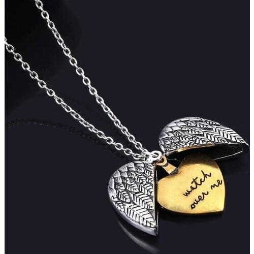 Fashion Jewelry Open Locket Wing Heart Pendant Necklace Double-layer Engraved Watch Over Me Choker Necklace for Women Men Gift