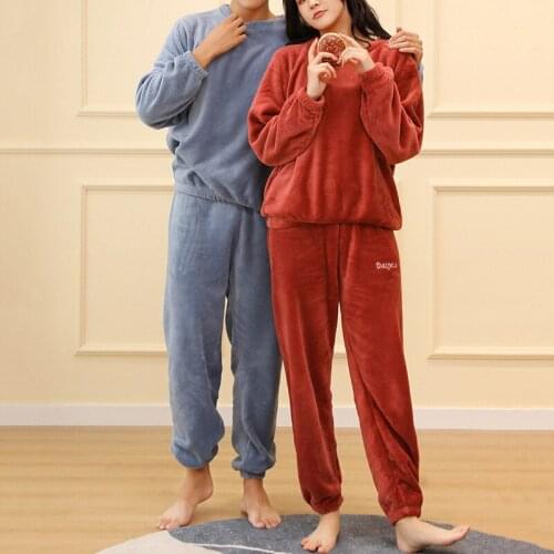 Dihope Pajamas For Couples Set Thick Warm Coral Fleece Homewear Winter Lounge Soft Loose Pajamas Women Home Clothes Suit