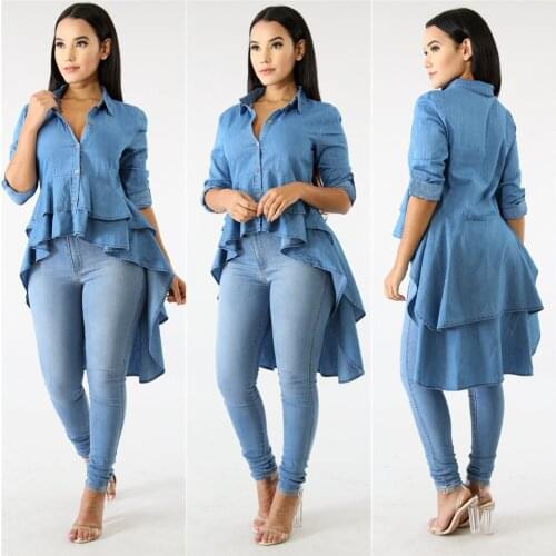 Causal women tops ruffles asymmetric autumn dress woman blue color shirt dress women vestidos jeans dress J1484
