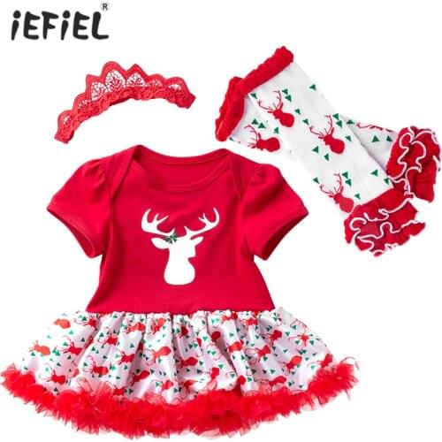 Christmas Newborn 3 Pcs Baby Girl Clothes Cotton Short sleeve Printed Deer Head Romper Jumpsuit Headband and Ankle Socks
