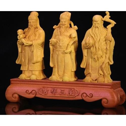 Boxwood Home Buddha Statue 20cm Fu Lu Shou Three-star Wood Carving Ornaments Birthday Gifts Retirement Gift Chinese New Year