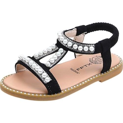 Toddler Infant Sweet Sandal Kids Baby Girls Bling Pearl Crystal Single Princess Roman Shoes Sandals Flat Non-slip Shoe Chaussure