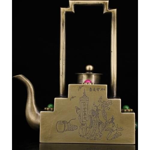 Collecting pure copper, all copper, hand-made gemstone inlaid copper flask Kettle carving plus official Jinjue