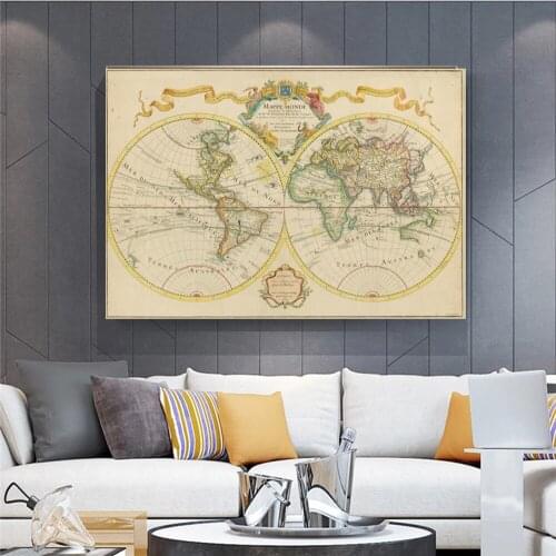 Vintage World Map Wall Art Posters and Prints Old Vintage Map Home Living Room Decoration Canvas Painting