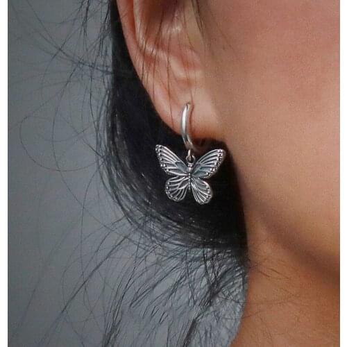Vintage Butterfly Alloy Silver Color Hoop Earrings For Women Girl Trendy Cool Hip Hop Animal Earrings 2020 Jewelry