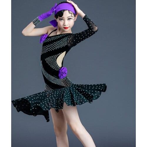 High-End Latin Dance Costumes For Girls Children Latin Dance Single-Sleeved Dress Black Diamond Skirt Performance Clothes DN7959