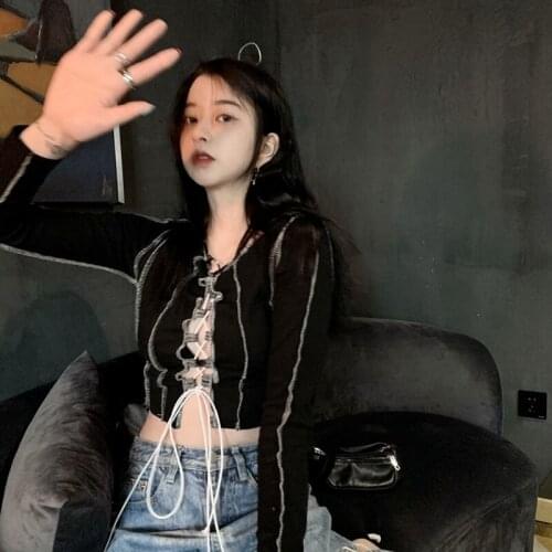 Wenfly Women Tops Cardigans Lace-up Hollow Out O-Neck Long Sleeve Vintage Exposed Navel Skinny Short T-shirt Streetwear